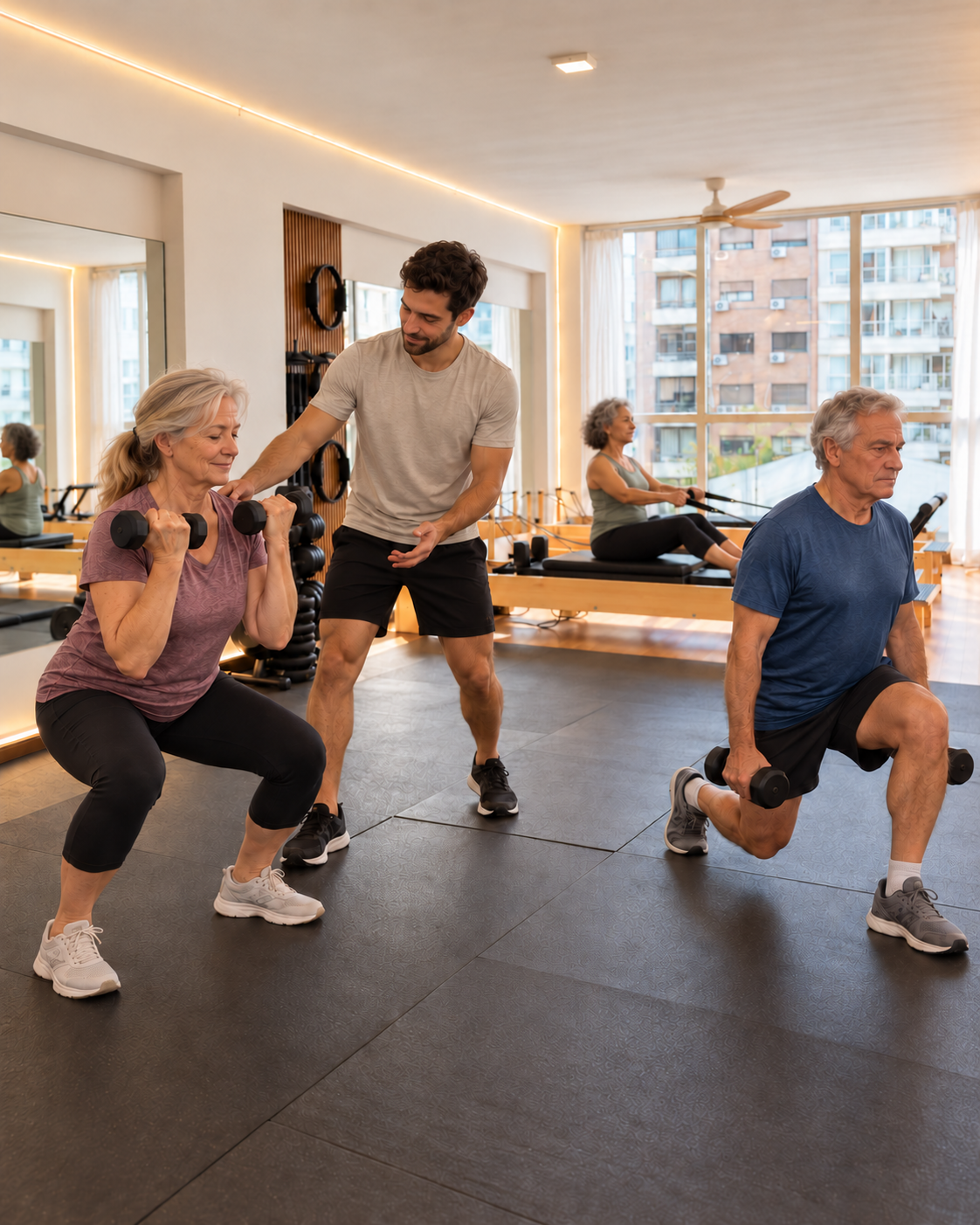 Imagen ilustrativa de adultos mayores entrenando fuerza y Pilates en el estudio Thais